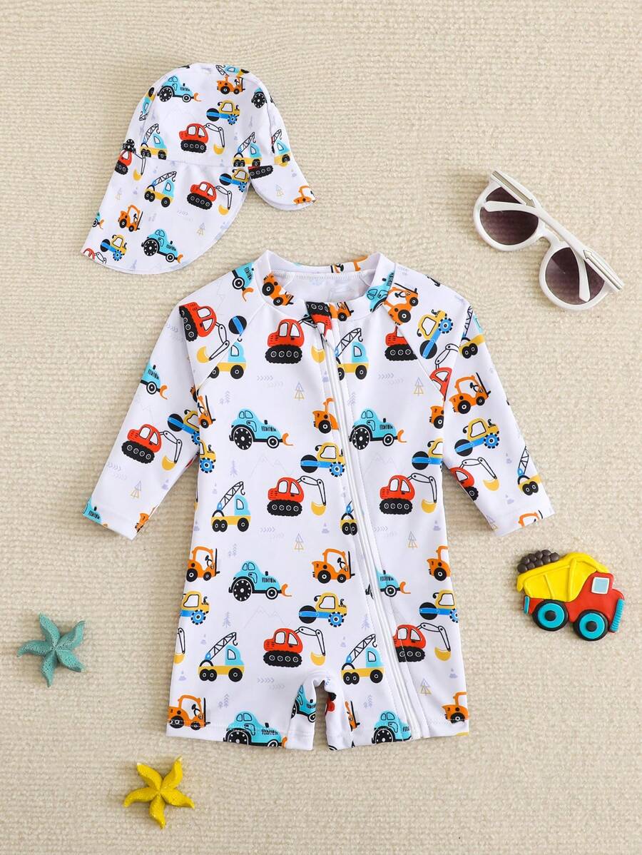 Newborn Cartoon Car Print Long Sleeve One Piece Swimsuit With Hat