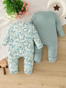 SHEIN Leap Crew 儿童新生女宝宝 2 件套碎花圆领长袖拉链柔软睡衣套装 - 綠色 - 查看 2