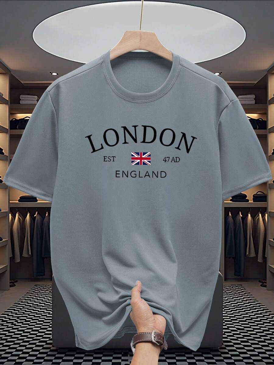 Manfinity Dauomo Men's Crew Neck Short Sleeve Letter Print Casual T-Shirt - Light Grey - View 1