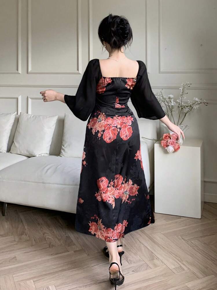 Women's Floral Print Patchwork Bell Sleeve High Split Vintage Midi Dress,Ruffle