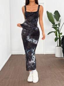 SHEIN EZwear 扎染设计背心裙，休闲时尚，适合日常穿着 - 黑與白 - 查看 4
