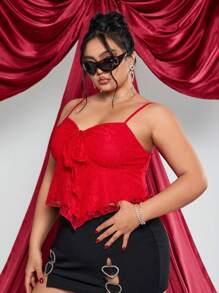 SHEIN ICON Plus Size Red Ruched Bust Front Tie Bow Camisole, Ideal For Valentine's Day Outfit
