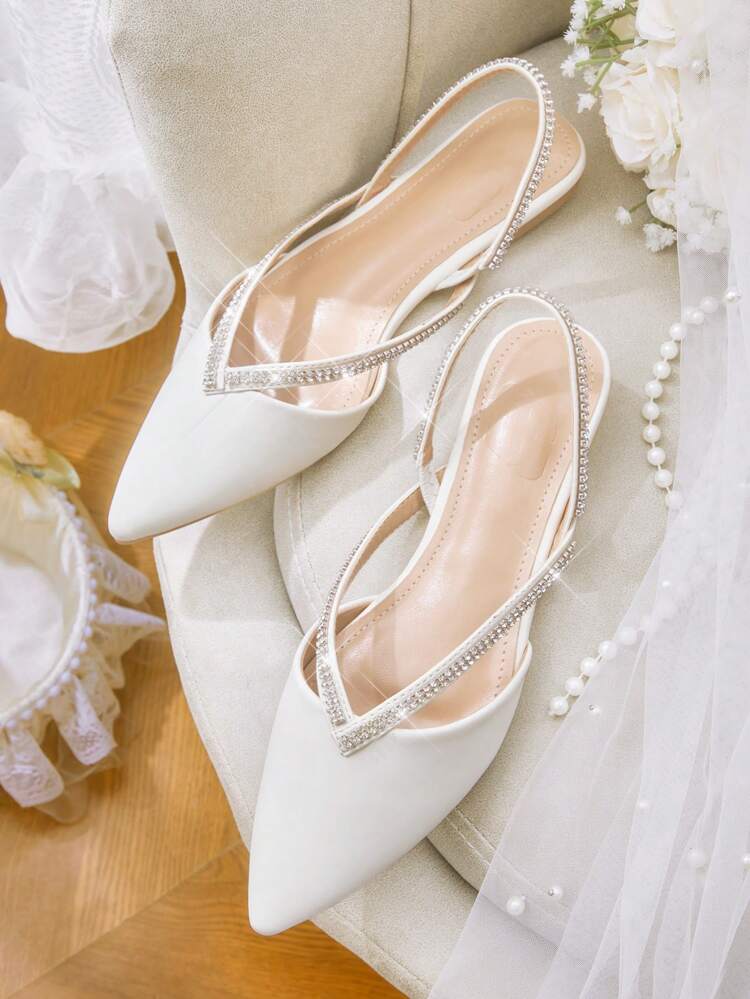 CUCCOO HITCHD White Crystal Strap Pointed Toe Ballet Flats, Elegant Commuting Office Casual Vacation Party Date Wedding Shoes For Women Summer Shoes Summer Break Easter Wedding Bridal Shoes For Christmas Valentine's Day Elegant Shoes Wedding Shoes Summer Shoes Bride Shoes
