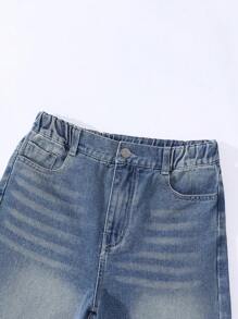 SHEIN Denimly Tween Băieți Casual Zilnic Urban Street Set 2 buc: Culoare contrastantă Umăr cădere Tricou supradimensionat și talie elastică Blugi largi, rupti, vintage