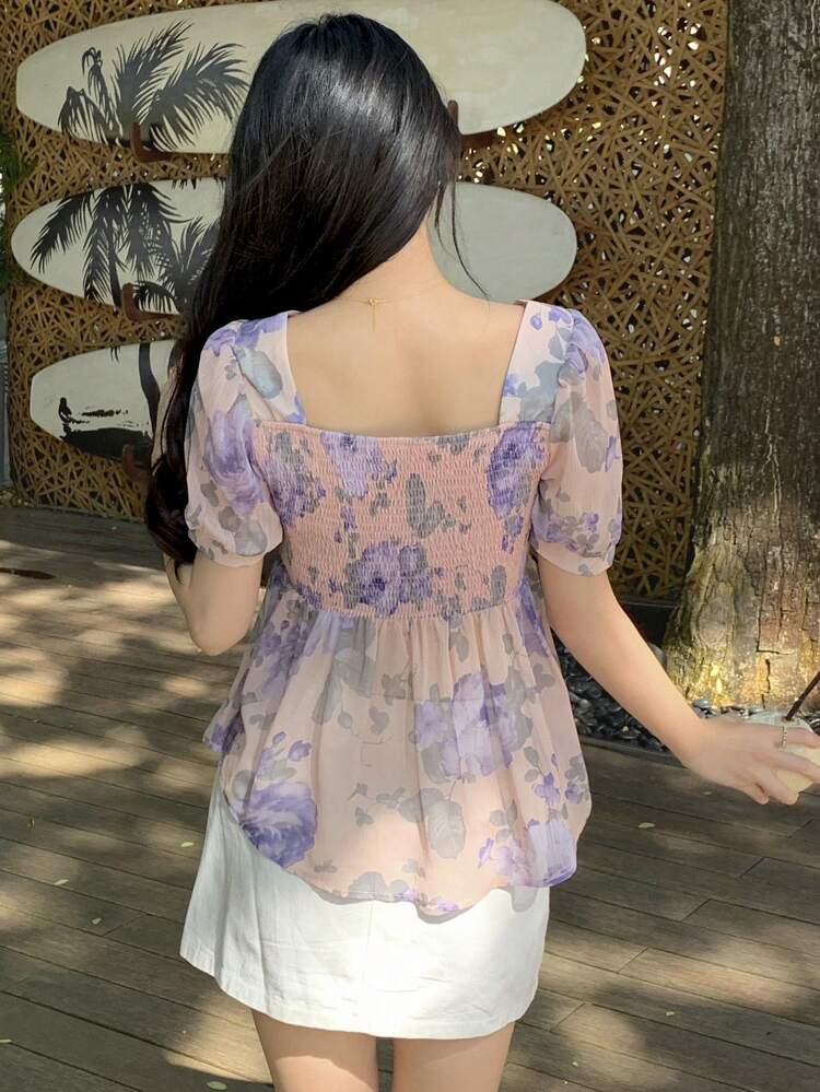 Floral Print Square Collar Puff Sleeve Women Blouse,Babydoll Top Boho