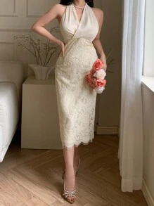 DAZY Vestido de cóctel de longitud media con cuello halter, sin mangas, escote en V, efecto twist y parches de encaje para mujer, vestido elegante y formal para eventos