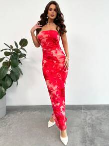 Firerie Vestido ceñido de mujer con estampado floral, volantes de malla y abertura, elegante, minimalista, romántico, encantador, para ocasiones especiales como San Valentín, citas, fiestas y vacaciones