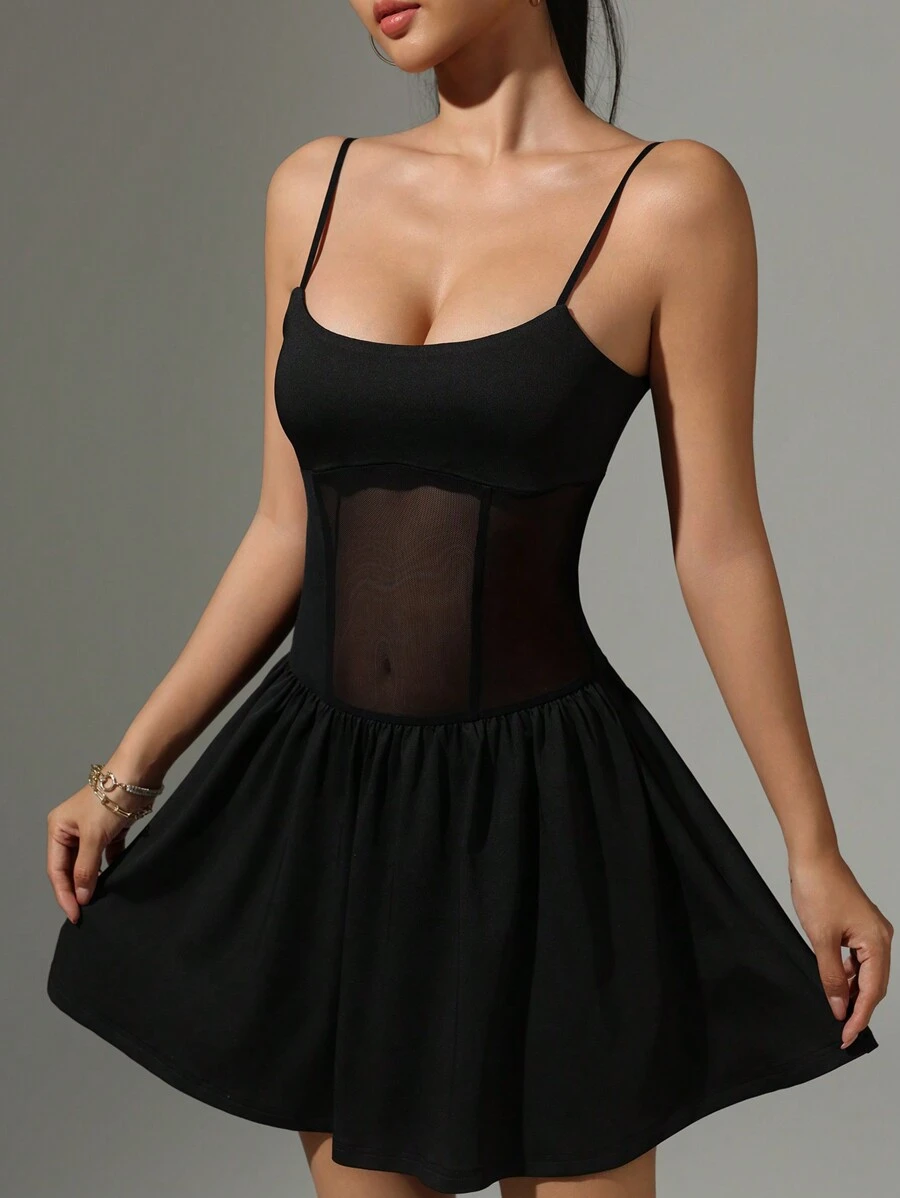 INAWLY 女士无袖纯色网眼拼布休闲短裙，简约时尚，适合日常穿着 - 黑色 - 查看 1