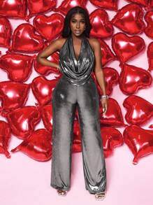 BamGleam 女士时尚性感金属色摆领露背连体裤 - 黑色 - 查看 5