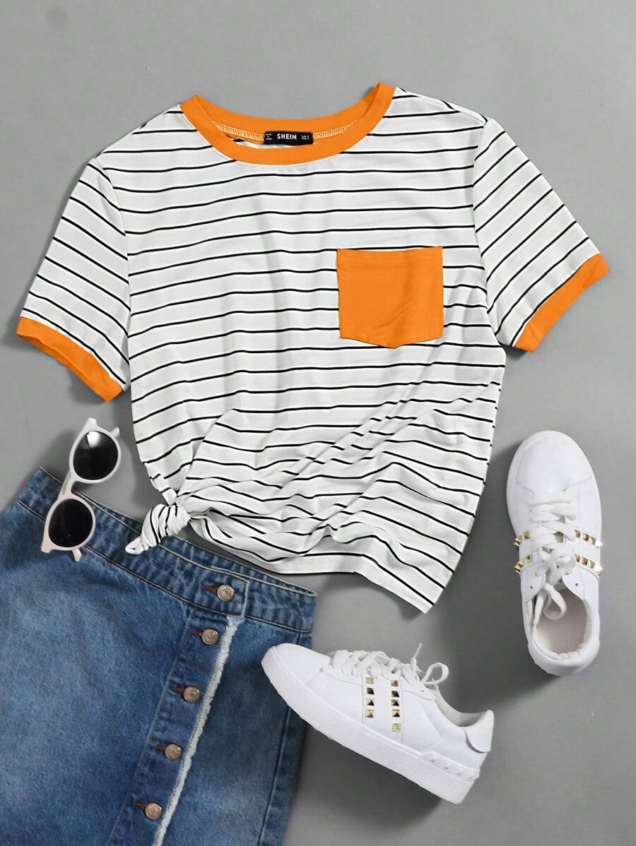 SHEIN EZwear Camiseta de rayas con bolsillo parche de verano - Naranja - Ver 1