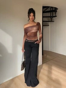 Aloruh Women's Elegant Sexy Vintage Asymmetric Oblique Collar Long Sleeve Tie-Dye Print Top, Autumn/Winter - Multicolor - View 3