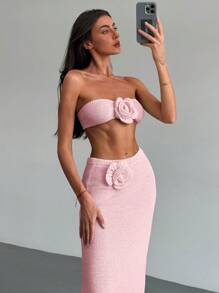 Aloruh Apricot Beach Resort Romantische Date Tube Top Met 3D Bloemen Stropdas + Lage Taille Maxi Lengte 3D Bloemen Rok 2-delige Set Voor Vrouwen