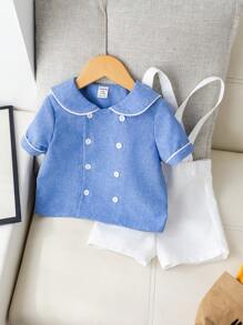 SHEIN Leap Crew Bộ 2 món/Bộ áo sơ mi tay ngắn cổ thủy thủ phối màu cho bé trai và quần short yếm - Xanh và trắng - Xem 4