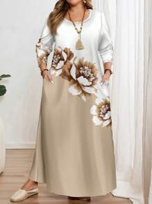 EMERY ROSE Plus Size Simple All-Over Printed Round Neck Long Sleeve Casual Dress, Suitable For  Chic Dress,Flower/Spring/Summer/Vacation - Multicolor - View 3