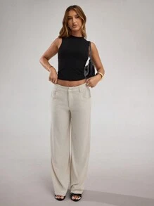 SHEIN BAE 女式杏色纯色亚麻阔腿裤，休闲低腰长裤，适合日常、度假、办公室、春夏季 - 杏色 - 查看 4