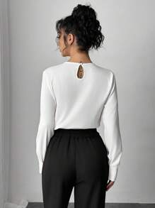 Firerie Women's White Rhinestone Embellished Pleated Collar Long Sleeve Fitted Blouse, Minimalist Office/Commute Wear, Back To School, Valentine's Day - White - View 6