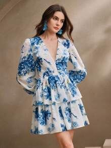 Anewsta Women's Deep V-Neck Puff Sleeve Ruffle Trim Vacation Mini Dress - Blue - View 5