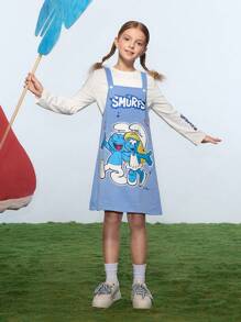 SHEIN X The Smurfs 2pcs/Set Tween Girl Cartoon Graphic White Casual Long Sleeve T-Shirt & Blue Cute Suspender Dress - Blue - View 1