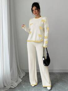 Chiquease Autumn/Winter Warm Bow Accent Color Block Edge Loose Sweater Pullover And Elastic Waistband Wide Leg Comfy Pants Two-Piece Setbow Tie Fall Cloth For Women - Multicolor - View 3