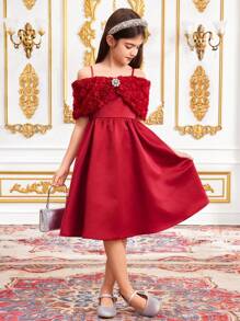 SHEIN Gaun Jacquard Off Shoulder Fit-And-Flare Elegan dengan Hiasan Pita untuk Anak Perempuan Remaja, Cocok untuk Pernikahan dan Pesta - Burgundy - View 5