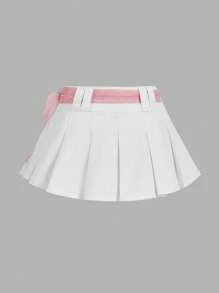 SHEIN MOD Falda corta casual de mezclilla con nudo en la cintura y pliegues