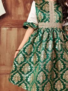 SHEIN Dark Green Glamorous Patchwork Gold Floral  Dress, Princess Style Dress For Teen Girls - Dark Green - View 4