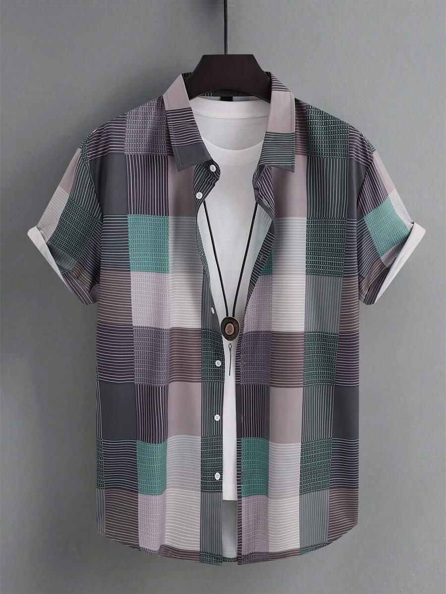 Manfinity Homme 大码男士简约时尚休闲正装衬衫，适合日常穿着 - 彩色 - 查看 1