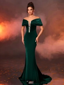 Glamrae Elegant Velvet Off Shoulder Bowknot Off The Neck Luxury Rhinestone Chain Decor Mermaid Tail Formal Gown, Wedding Guest Dress, Party Dress, Evening Dress