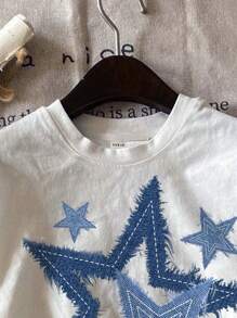 SHEIN Leap Crew Tween Girl Casual Minimalist White Short Sleeve Crew Neck T-Shirt With Star Pattern, Suitable For Summer - White - View 3