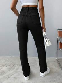 EURMUSE 100 % bomull Casual Jeans med hög midja med raka ben - Svart - Visa 2