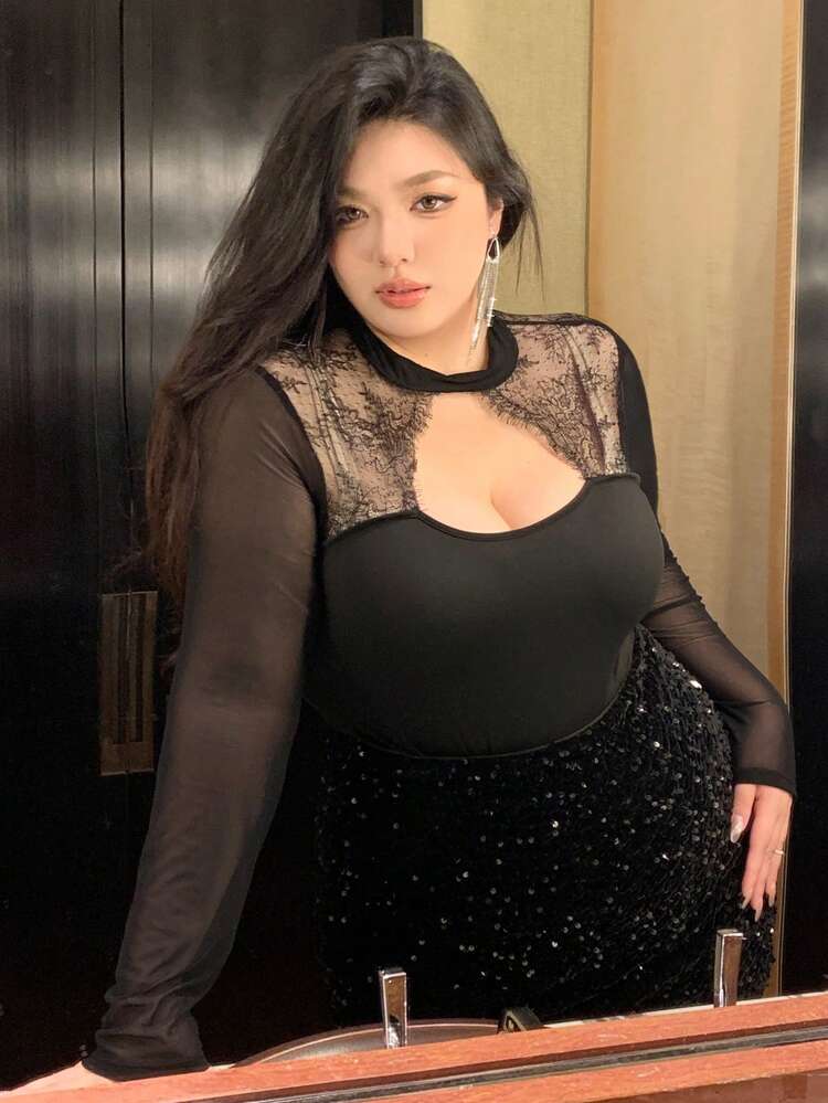 Dazy Plus Plus Size Women Contrast Lace Tied Neck Backless Long Sleeve Mesh Party Blouse, Spring/Summer Delicate Lace Turtleneck Women