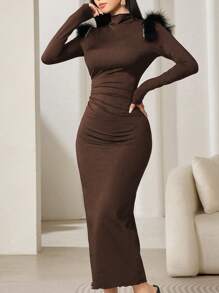 Modelyn 女士优雅拼布毛绒下摆中长紧身连衣裙，秋季长款女装