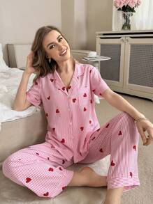 SHEIN Valentine's Day Stripe & Heart Print Lapel Short Sleeve Top & Pants Pajama Set For Women Holiday Season - Pink - View 5