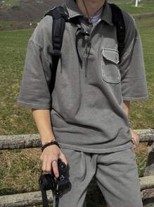 DAZY Summer Plain Gray Outdoor Short Sleeve Polo Shirt And Shorts Set For Men - Grey - View 3