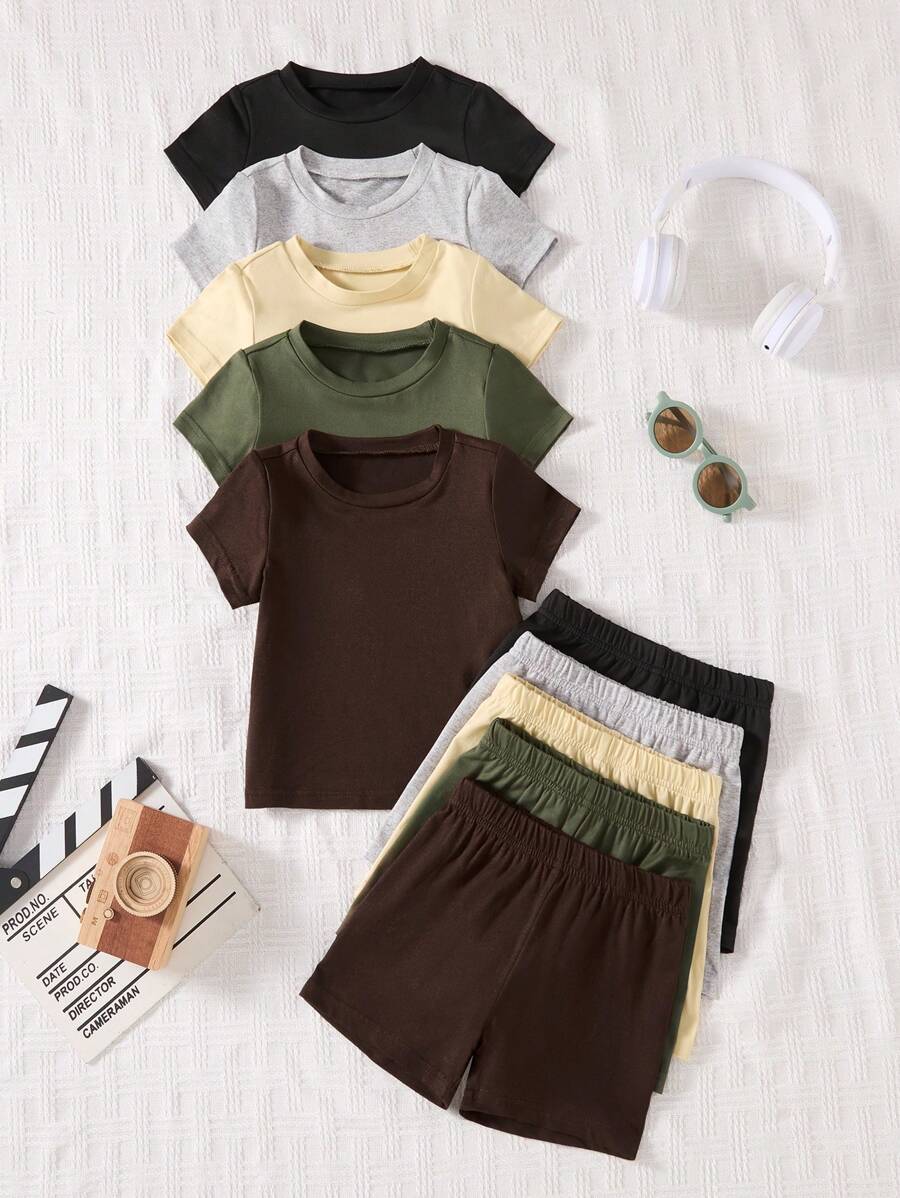 SHEIN Vintaside Kids 2pcs/Set Baby Boy Casual Solid Color Crew Neck Short Sleeve T-Shirt & Shorts Set, Pack Of 5, Suitable For Summer - Multicolor - View 1