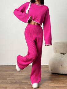 Muchica 2pcs/Set Women Contrast Trim Sweater And Extra Long Pants Set - Hot Pink - View 4