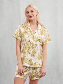 TryMe Garden Print Lapel Collared Button Down Short Sleeve Satin Pajama Set - Green - View 4
