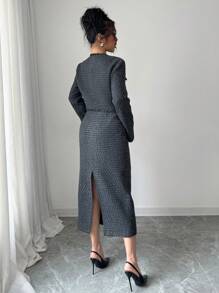 Chiquease 2 pièces/set Veste à simple boutonnage avec franges et patchwork, et jupe pour femmes. Tenue pour l'automne/hiver - Noir - Voir 2