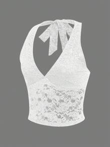 INAWLY Women Lace Design Backless Sleeveless Top With Contrasting Colors - White - View 2
