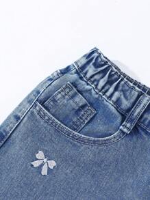 SHEIN 青少年女孩复古酷炫蝴蝶结刺绣宽松休闲黑色阔腿牛仔裤