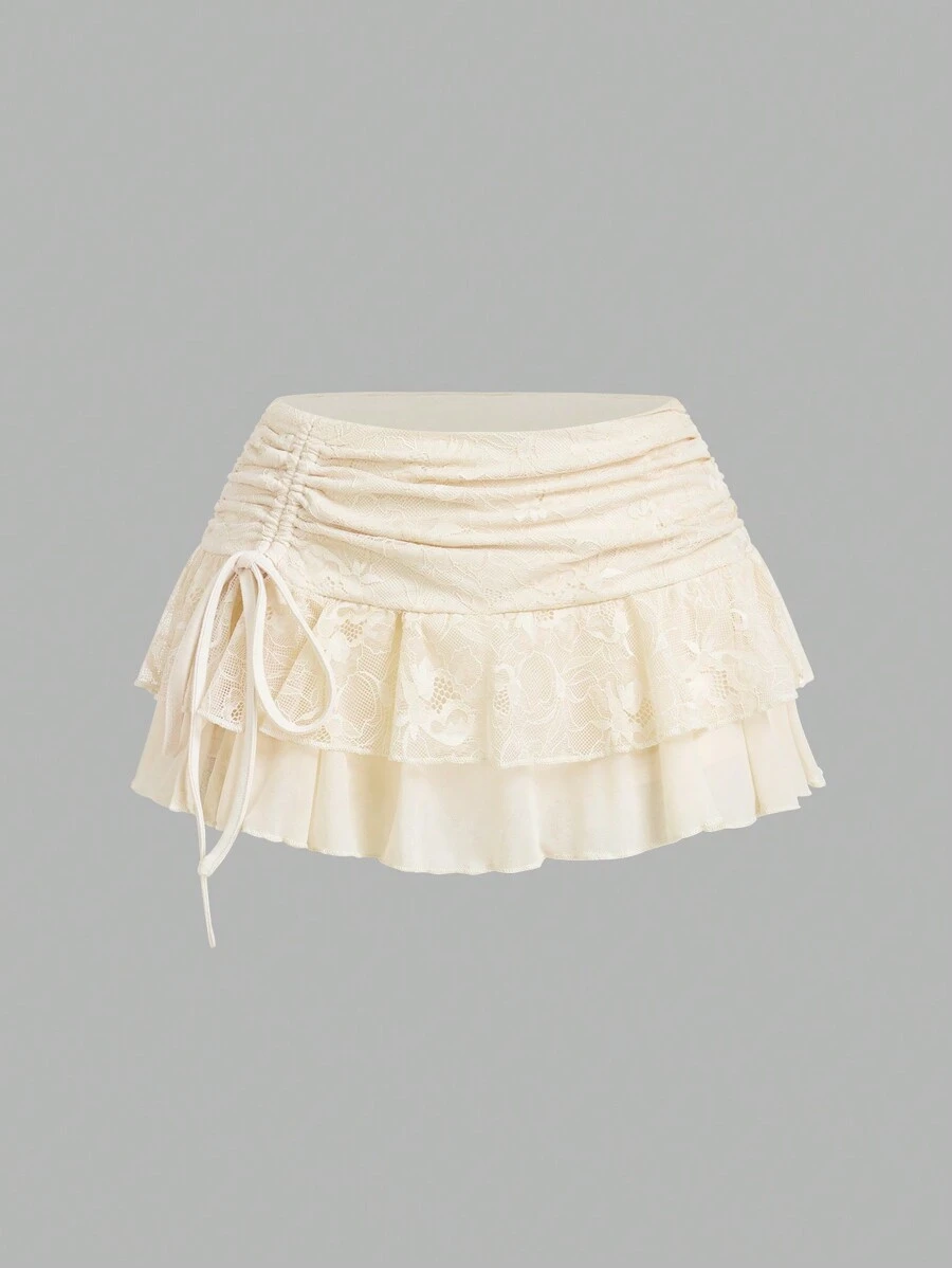 Sweetina Super Low Waist Lace & Mesh Double-Layer Ruffle Tie Up Mini Skirt - Apricot - View 1