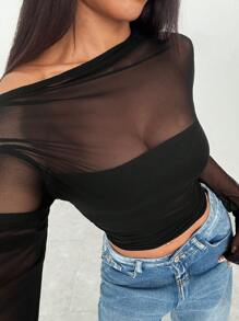 EgrlEra 女式黑色网眼透明褶皱修身长袖短款上衣，时尚简约休闲优雅性感设计，适合度假、街头装、日常穿着、春夏 - 黑色 - 查看 1