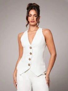 Silquee 女式高端纯色白色V领金属扣装饰单排扣马甲内衬优雅时尚通勤套装适合夏秋季办公室商务休闲秋季女装套装女西装外套，夏季女式商务休闲纯色双排金属马甲西装外套，商务女装办公室海仙子复古教师服装，玫瑰花朵金属装饰扣，情人节