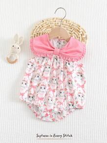 Cozy Pixies Baby Girl Cartoon Rabbit Pattern Contrast Color Round Neck Sleeveless Romper