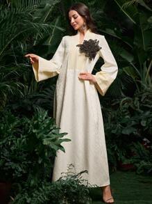 Al Najma Elegant Plain Color Handmade 3D Floral Turkish Long Dress, Kaftan & Jalabiya Fall Cloth For Women - Apricot - View 4