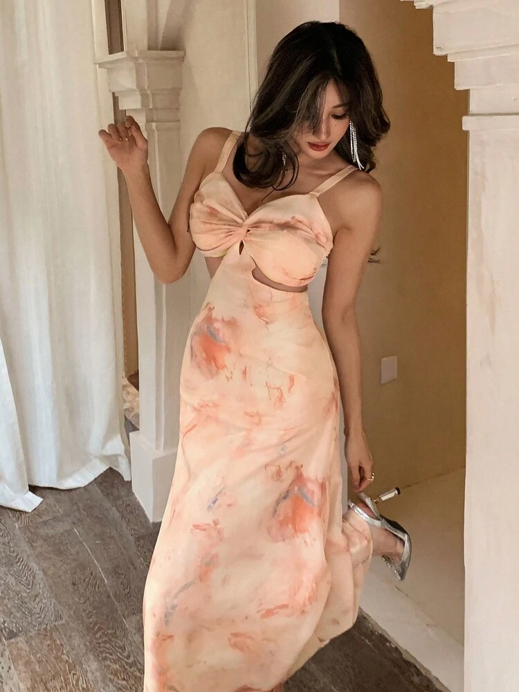 Women Ditsy Floral Allover Print Spaghetti Strap Hollow Out Backless Midi Dress Summer Prom Dress Sundress