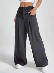 SHEIN PETITE Ladies' Solid Color Pleated Trousers