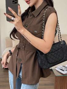 DAZY 女士纯色单排扣休闲西装背心 女士西装外套 商务装 - 咖啡棕 - 查看 6