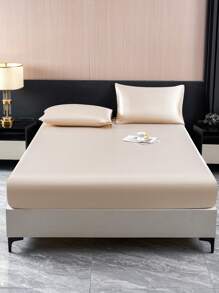 1PC Solid Color Khaki Satin Fitted Sheet Simulation Silk Fitted Sheet With 1pc Fitted Sheet  Valentine's Day Mattress Cover For Bed, Modern Soft Bedding Set For Household King Queen Full Twin Size  Sheet Bedspread Deep Pocket Up To 11.8 Inch Breathable Wrinkle-Free Better For Sleep, Machine Washable