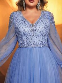 Glamrae Plus Size Elegant Romantic Light Blue Luxury Rhinestone Pearl Embroidery Decoration Mesh See-Through Long Sleeve Large A-Line Formal Dress, Suitable For Parties, Celebrations And Get-Togethers